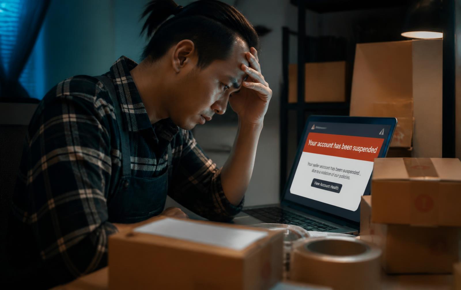 Vendedor diante do computador com a conta de marketplace suspensa