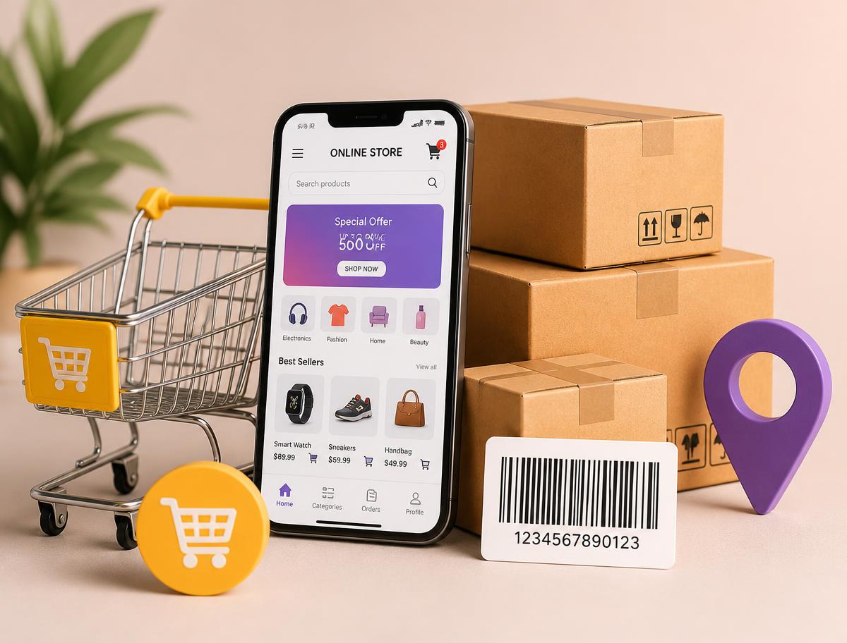 Caixas, celular com loja online e etiqueta de envio